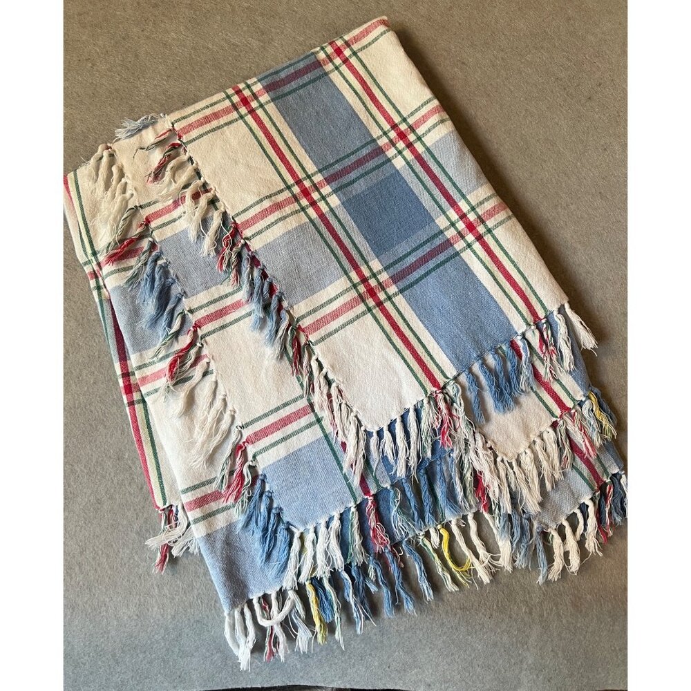 Plaid Tablecloth Blue White Plaid Cotton Fringe Edges 70x53 Farmhouse Cottage